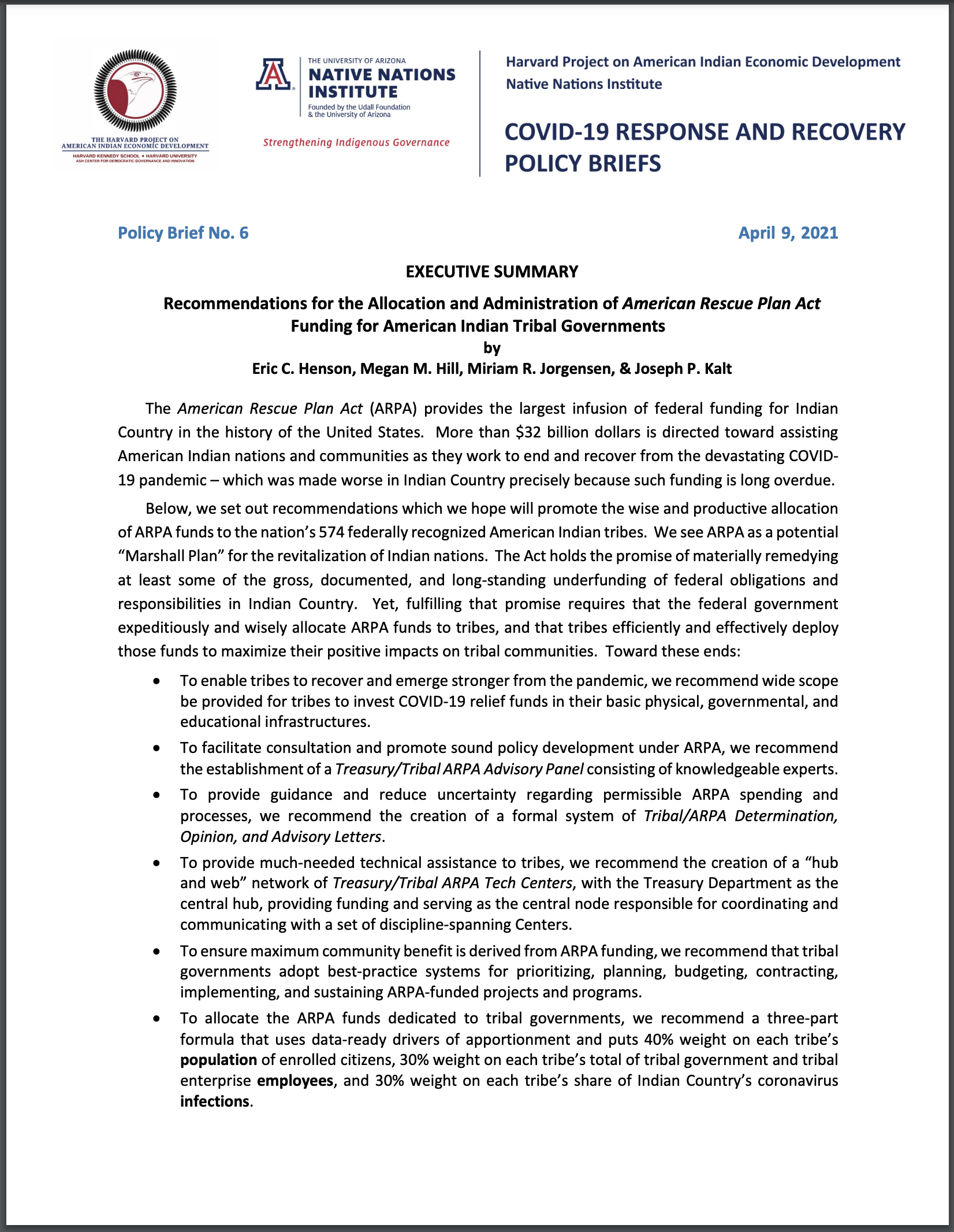 Recommendations for Allocation and Administration of American Rescue Plan Act Funding for American Indian Tribal Governments