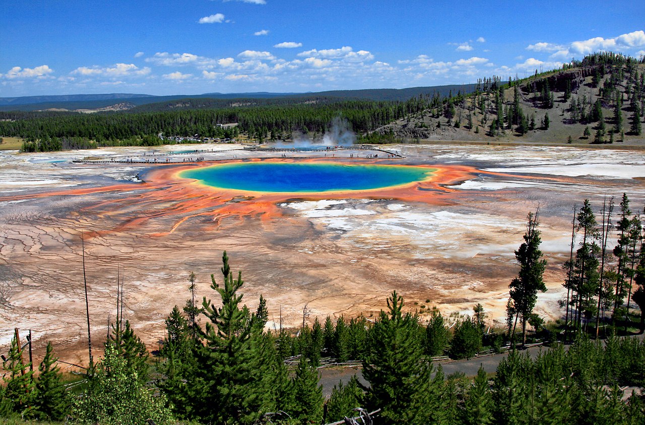 Grand Prismatic Spring and Midway Geyser Basin from above in Yellowstone National Park