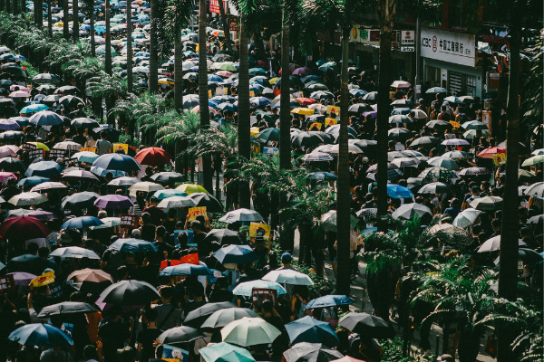 Hong Kong protestors carry umbrellas
