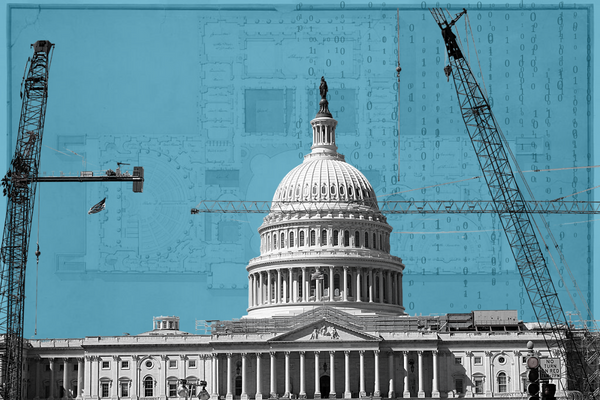 Old floor plans for the Capitol building are in the background. In the foreground, there's a modern Capitol building under construction.