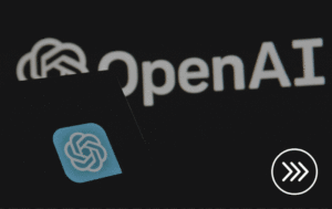 Photo of "open AI" homepage with moving arrow in bottom right corner