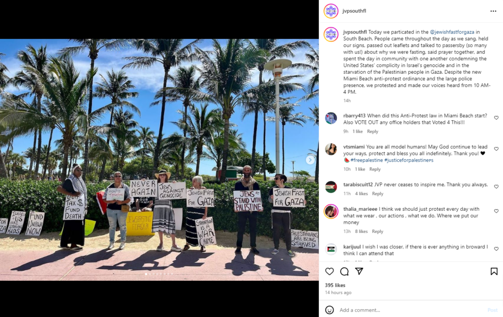 Screenshot of JVP South Florida Instagram post describing Jewish Fast for Gaza demonstration on March 31, 2024