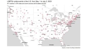Graph of the US with pink dots indicating an LGBTQ+ event