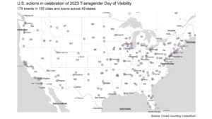 Map of the US with dots all over the map that represent actions in celebration of Trans Day of Visibility in 2023