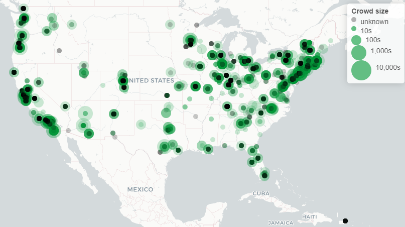 map of continental U.S. showing locations and size of on-campus pro-Palestine protests since October 2023, with concentrations of actions on the East and West Coasts and Upper Midwest but at least a few events in nearly every U.S. state