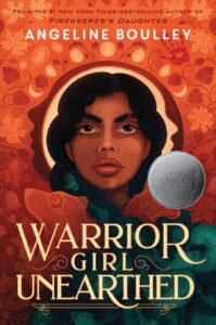 The cover of "Warrior Girl Unearthed" features a young girl looking straight ahead surrounded by red and orange organic shapes