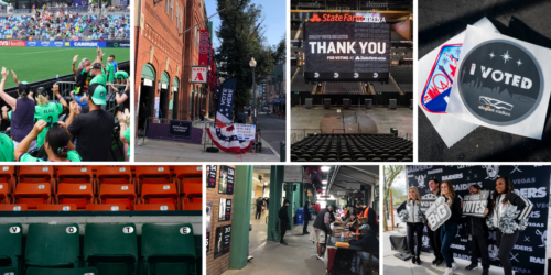 A collage of images related to civic engagement and sports.