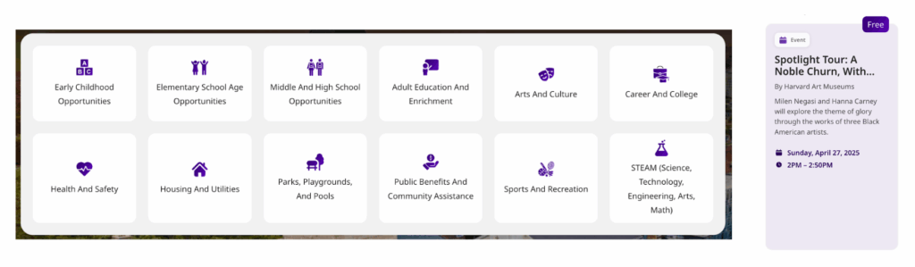 Screenshot of the FindIt Cambridge webpage displaying the categories of listed events and a sample event listing