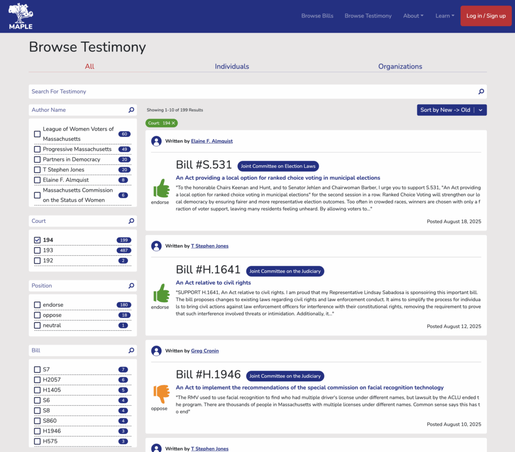 MAPLE webpage displaying their Browse Testimony webpage with the ability to search across testimonies