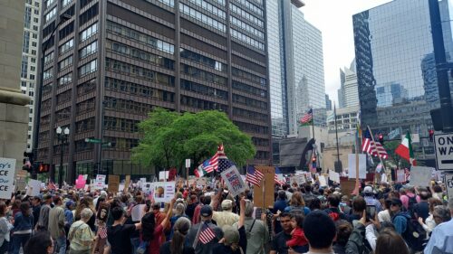 Protestors hold up