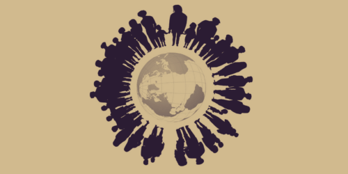 Silhouettes of people standing around the Earth.