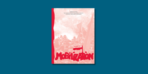 A photo of the Mobilization: International Quarterly journal with a blue background.