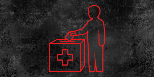 A graphic of someone placing a ballot into a box with a red plus sign.
