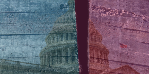 An image of the Capital building with the left in blue and the right side in red.