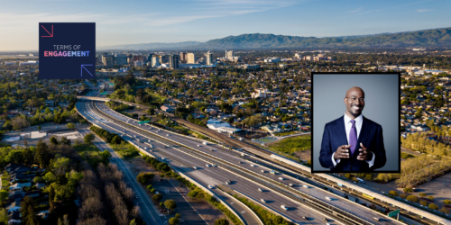 A photo of Silicon Valley with the Terms of Engagement logo and a headshot of Van Jones.
