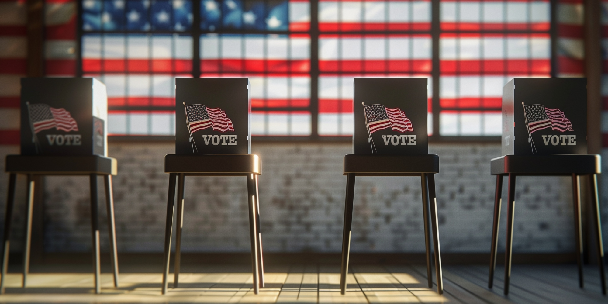 Four voting booths in a room with a flag on the window background behind them.