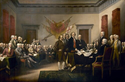 A painting of the Declaration of Independence signing.