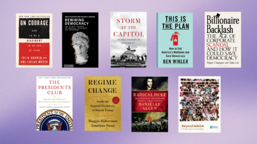 A collage of book and report recommendations from the Terms of Engagement summer reading list.