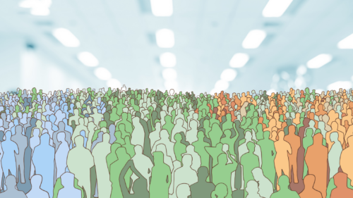 A blue, green, and orange crowd of abstract figures with hospital ceiling lights in the background.