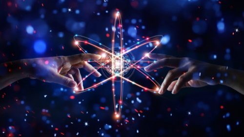 Two hands touching over a science network connection symbol.