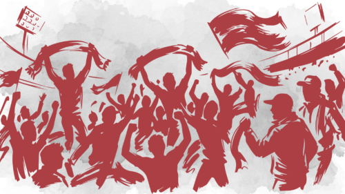 Drawing of fans cheering with flags