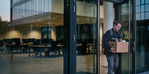 Man leaving building after layoff